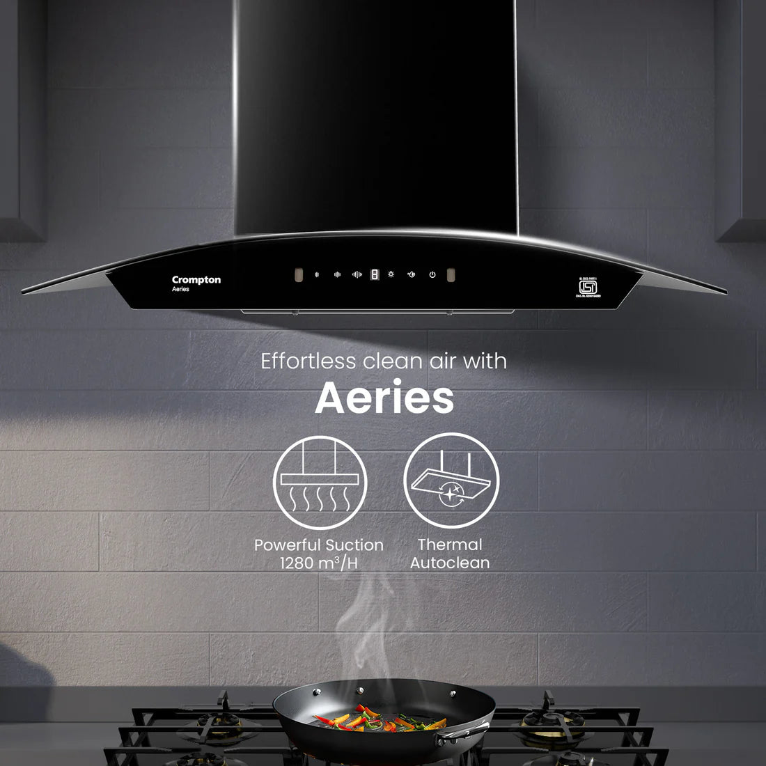 Crompton Aeries Curved 60cm 1280 m³/hr Kitchen Curved Chimney| Filterless Thermal Autoclean| Gesture Control| Built In Oil Collector| 7 Yrs Motor & 1 Yr Overall Warranty