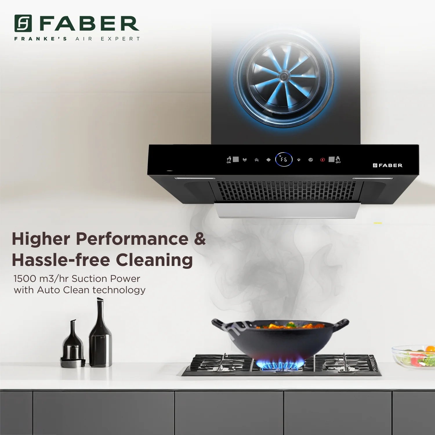 Faber 60 cm 1500 m³/hr Autoclean Kitchen Chimney (HOOD DAZZLE BLDC FL HC BK 60, Filterless technology, Touch & Gesture with Remote control, Black)