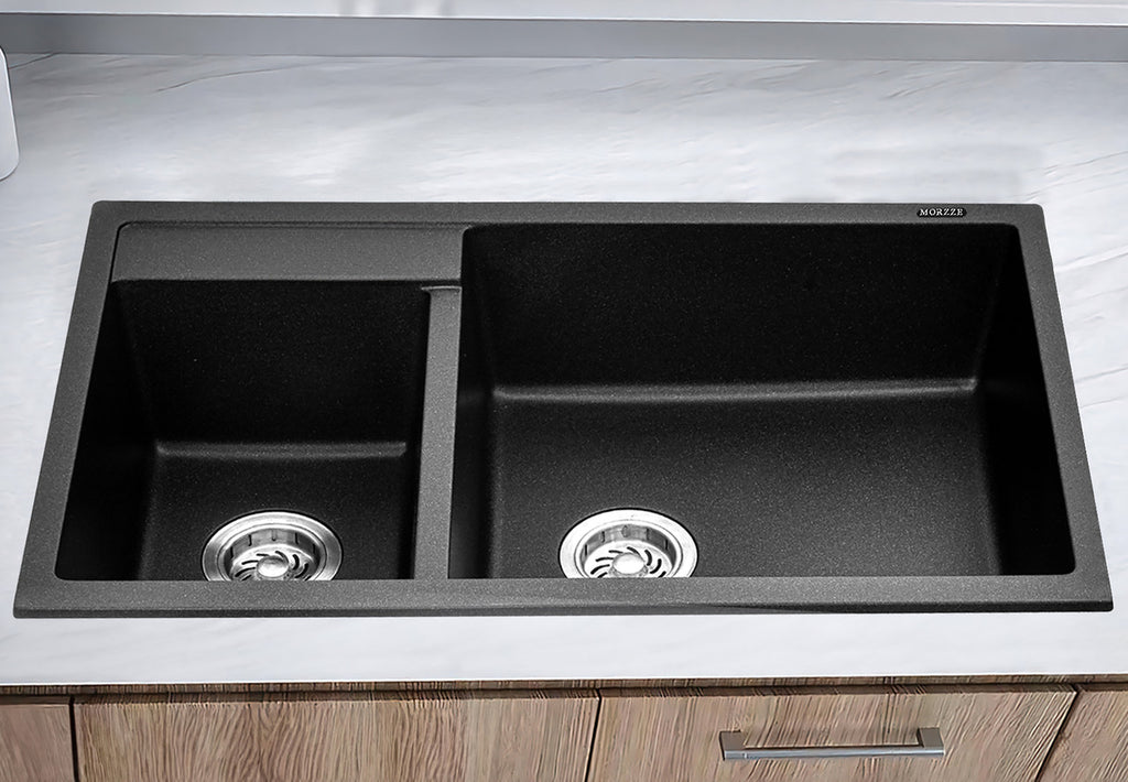 MORZZE By Anupam Granite Sink 32x20x8 | Double Bowl Sink Black | V02-115LX