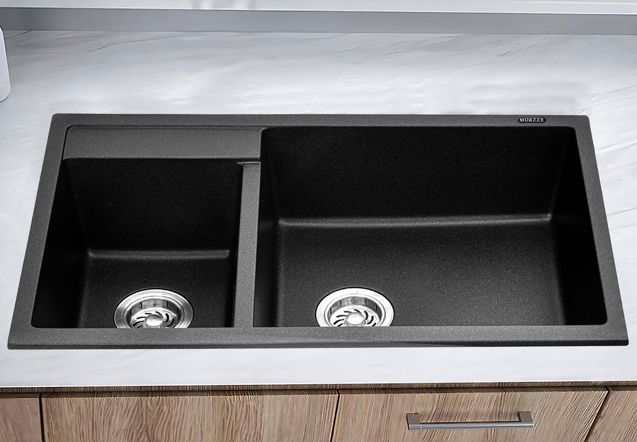 MORZZE By Anupam Granite Sink 32x20x8 | Double Bowl Sink Black | V02-115LX