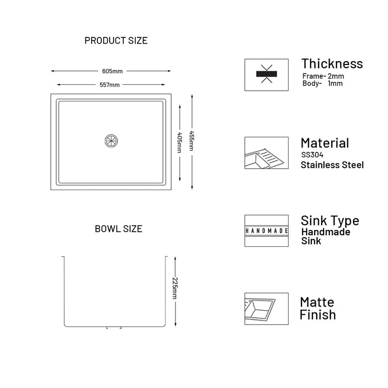 Glen Stainless Steel Grade 304 Sink for Kitchen, Single Bowl Handmade Sink 24x18x9 inches, Matte Finish (KS-SH24189SBM)