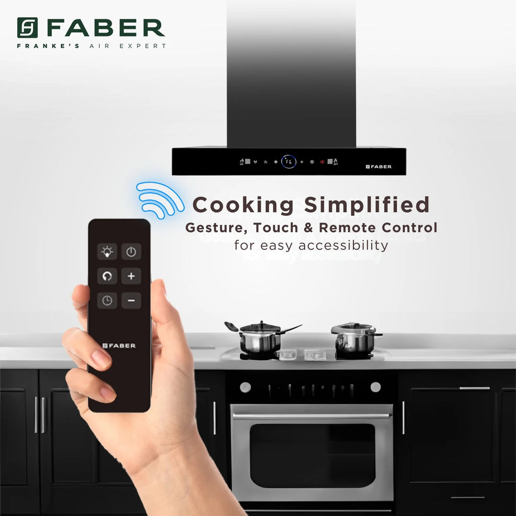 Faber 60 cm 1500 m³/hr Autoclean Kitchen Chimney (HOOD DAZZLE BLDC FL HC BK 60, Filterless technology, Touch & Gesture with Remote control, Black)