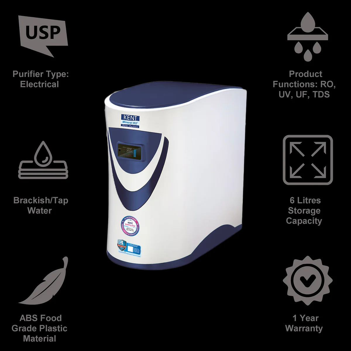 KENT Sterling Star Under the Counter RO Water Purifier | RO+UV+UF+Alkaline+Copper+TDS Control | 4 Years Free Service | ISI Marked | 6L Tank | 20 LPH | Digital Display of Purity | White