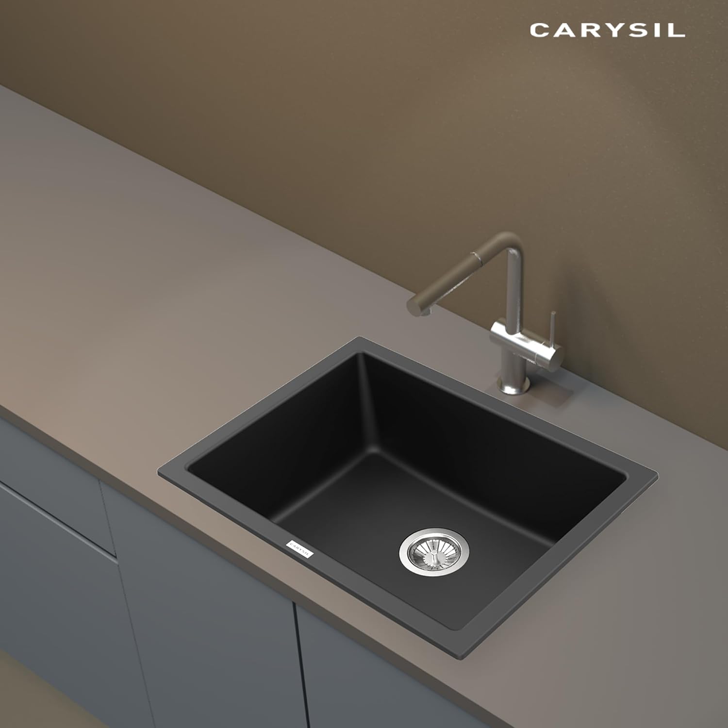 Carysil Quartz Single Bowl Kitchen Sink, Real Stone Finish, 304 Waste Coupling, Noise Reduction, 24X18X8 Inches, Black (Nera)