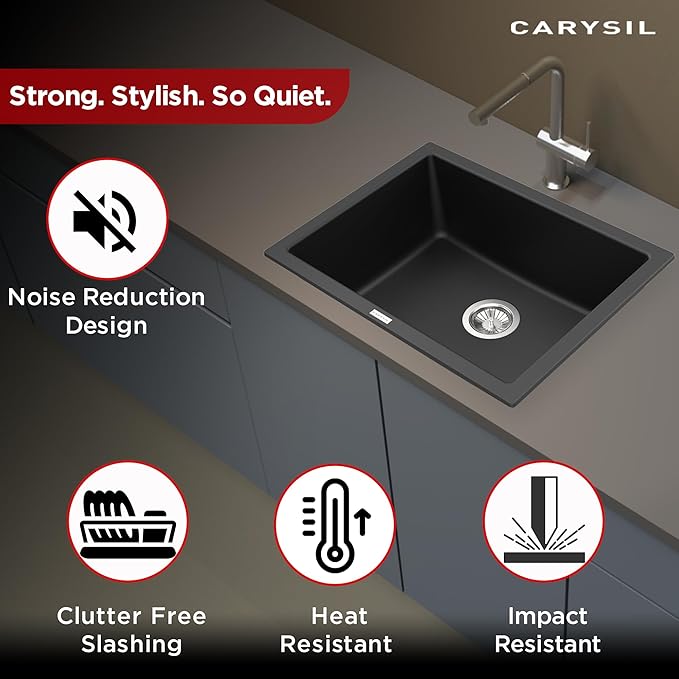 Carysil Quartz Single Bowl Kitchen Sink, Real Stone Finish, 304 Waste Coupling, Noise Reduction, 24X18X8 Inches, Black (Nera)