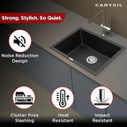 Carysil Quartz Single Bowl Kitchen Sink, Real Stone Finish, 304 Waste Coupling, Noise Reduction, 24X18X8 Inches, Black (Nera)