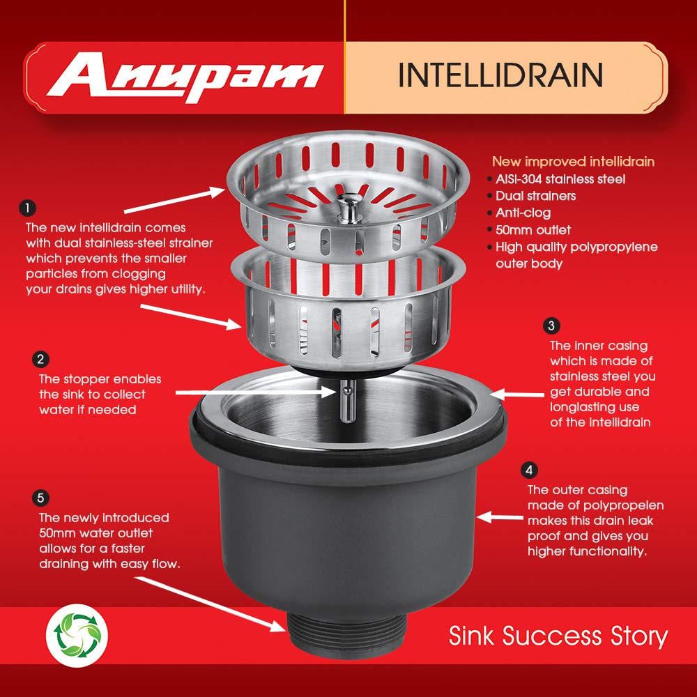 Anupam 113B Kitchen Sink, Silver, Satin/Matt Finish | 24x18x9 | 304 Grade Stainless Steel Sink