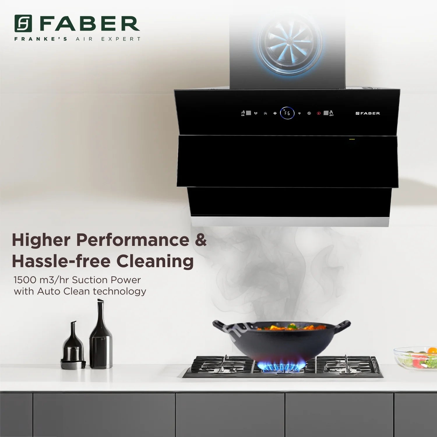 Faber Comet Chimney 60 cm 1500 m³/hr Wall Mounted Kitchen Chimney (HOOD COMET BLDC FL HC BK 60 cm, Filterless technology, Touch & Gesture With Remote Control, Black)|