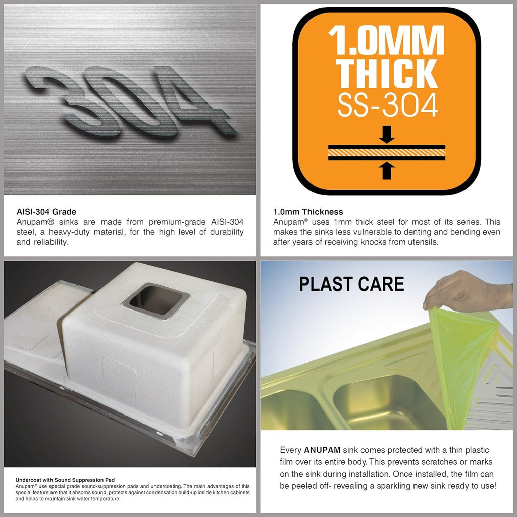 Anupam 113B Kitchen Sink, Silver, Satin/Matt Finish | 24x18x9 | 304 Grade Stainless Steel Sink