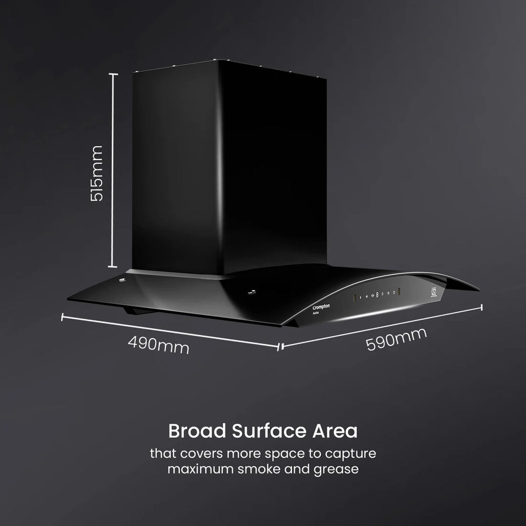 Crompton Aeries Curved 60cm 1280 m³/hr Kitchen Curved Chimney| Filterless Thermal Autoclean| Gesture Control| Built In Oil Collector| 7 Yrs Motor & 1 Yr Overall Warranty