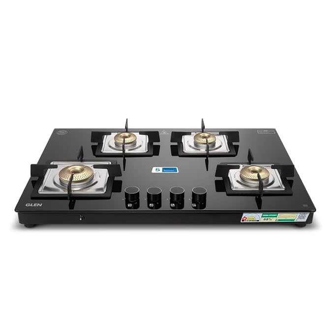 Glen 1074 US BL 4 Burner Cooktop Ultra Slim Glass Gas Stove with Auto Ignition (Black)