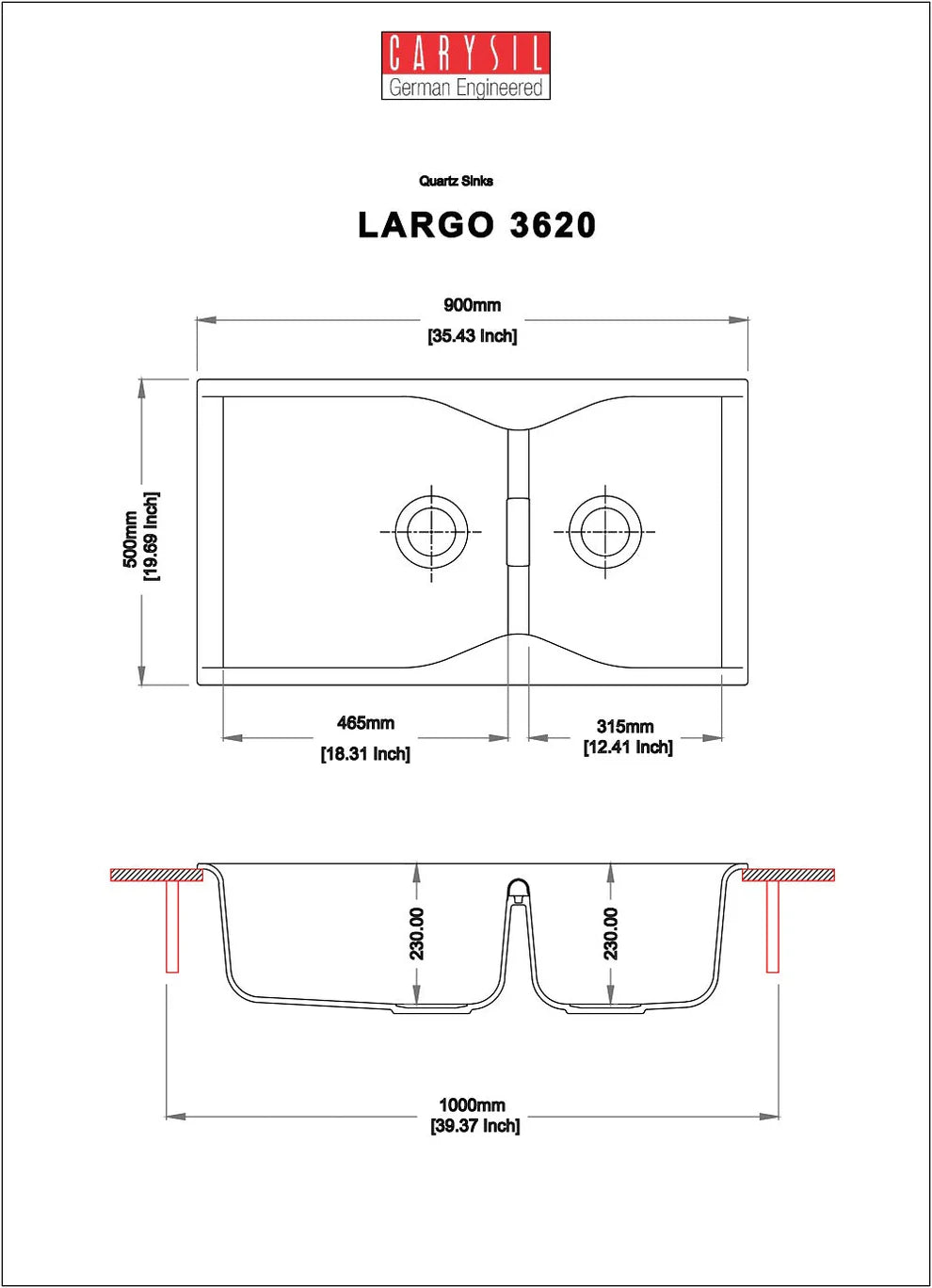 Carysil Granite Quartz Kitchen Sink - Double Bowl Largo | 36"x20" | Black (Nera)