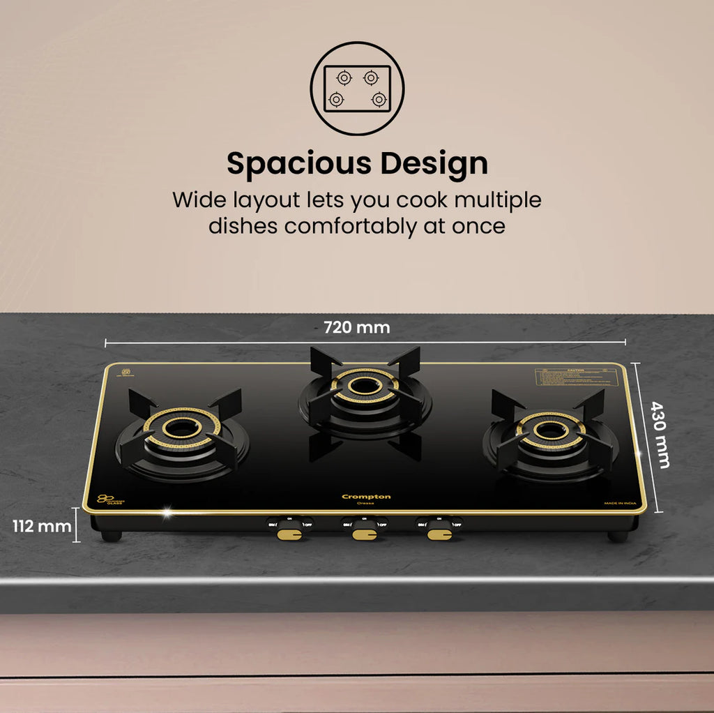 Crompton Oressa 3 Burner 72 cm Slim Glass Cooktop