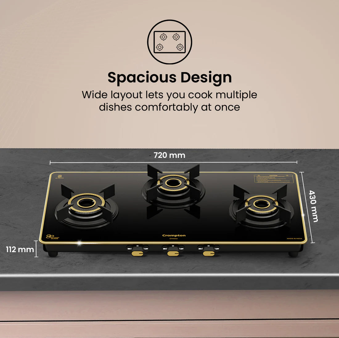 Crompton Oressa 3 Burner 72 cm Slim Glass Cooktop