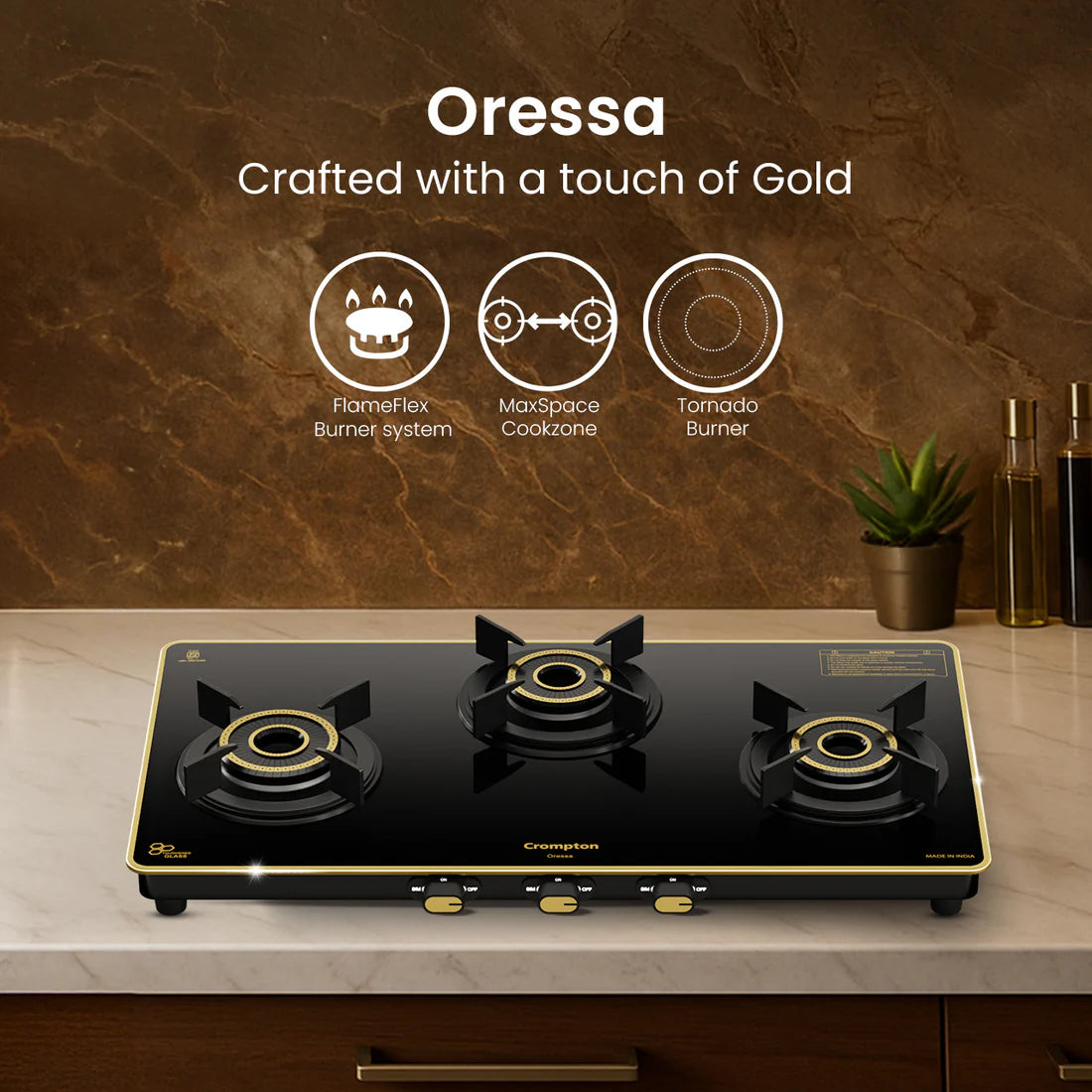 Crompton Oressa 3 Burner 72 cm Slim Glass Cooktop