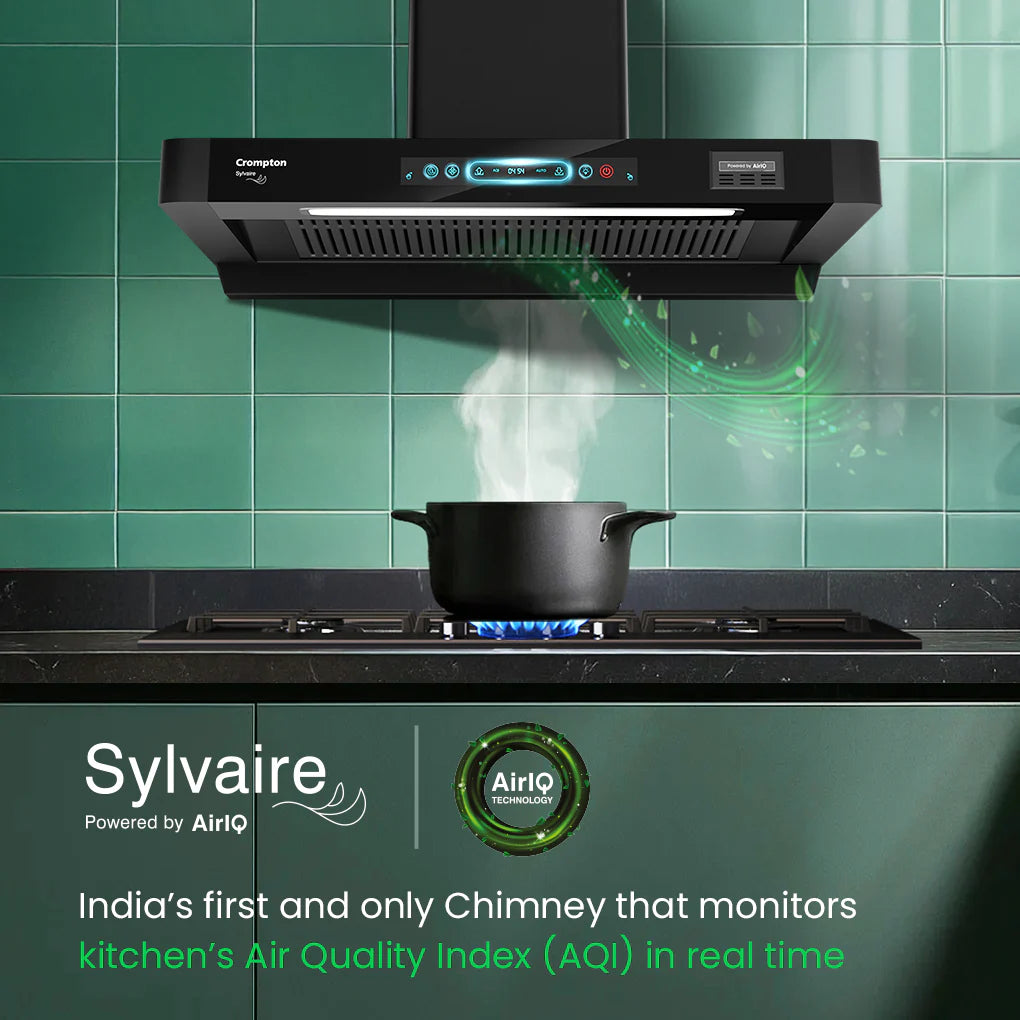 Crompton Chimney Sylvaire 90 cm(CHD-SYB90FLE-IND) | 2900 m³/hr Suction | Auto-Clean Chimney