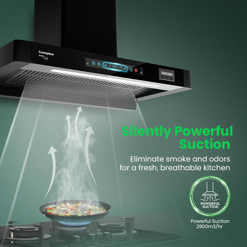 Crompton Chimney Sylvaire 90 cm(CHD-SYB90FLE-IND) | 2900 m³/hr Suction | Auto-Clean Chimney| Kitchen Jinni Delhi NCR