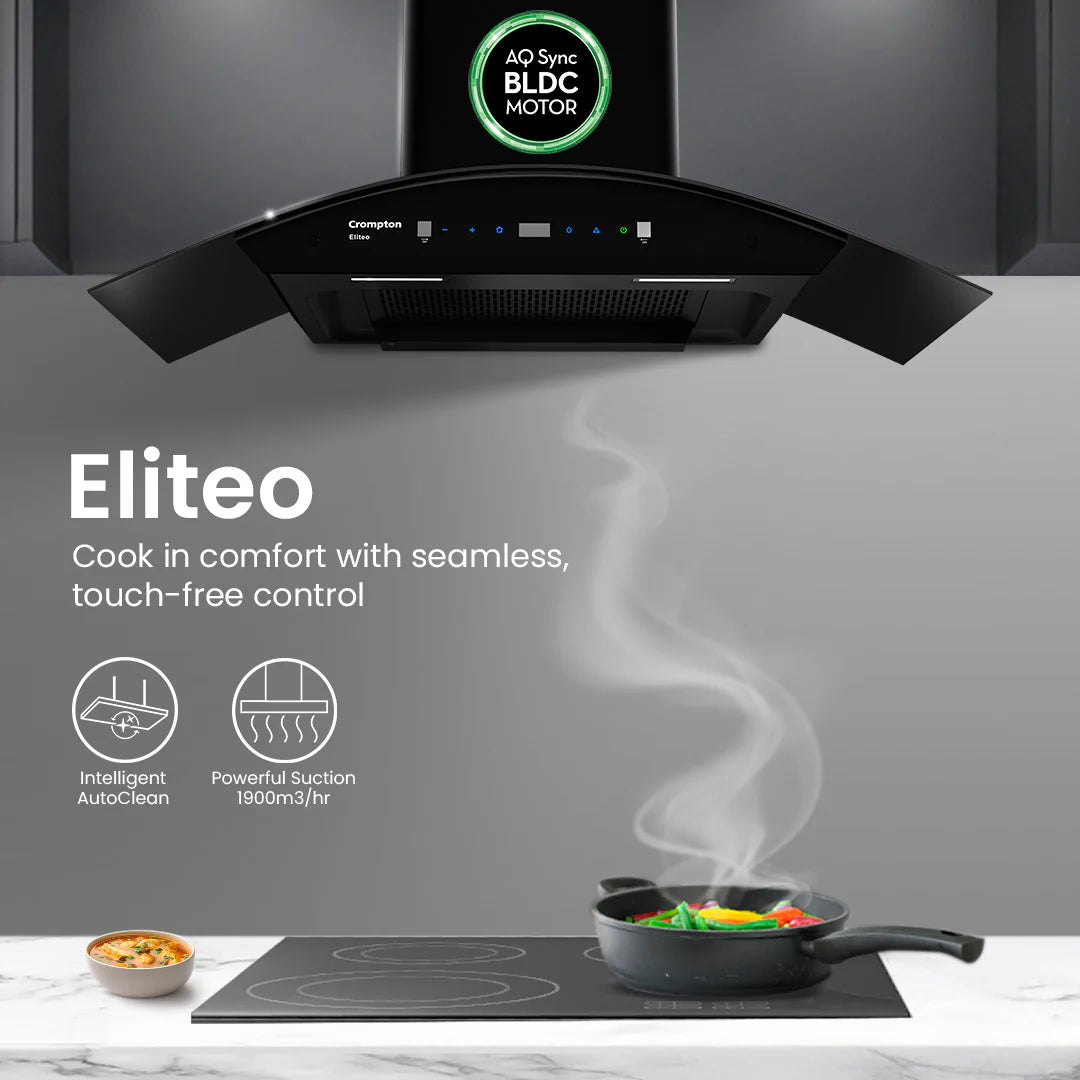 Crompton Eliteo Curv (CHD-ELC60FLE-IND) 90 cm Auto-Clean Chimney | 1900 m³/hr | Kitchen Jinni Delhi NCR
