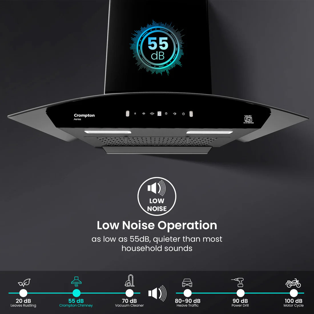 Crompton Aeries Curved 60cm 1280 m³/hr Kitchen Curved Chimney| Filterless Thermal Autoclean| Gesture Control| Built In Oil Collector| 7 Yrs Motor & 1 Yr Overall Warranty