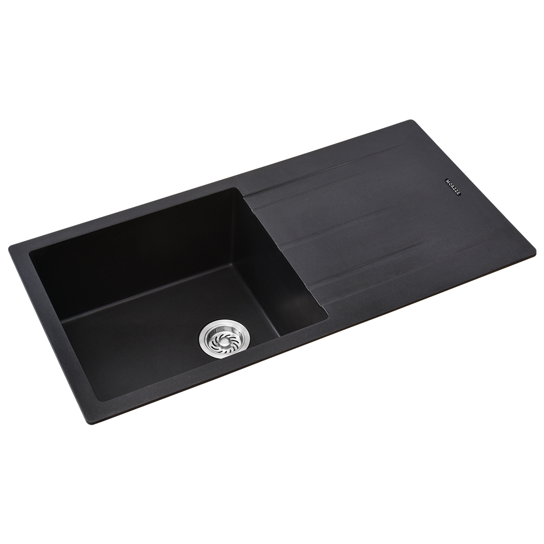 MORZZE By Anupam Granite Sink 36x18x9 | Single Bowl Drain Board Sink Black | V03-109