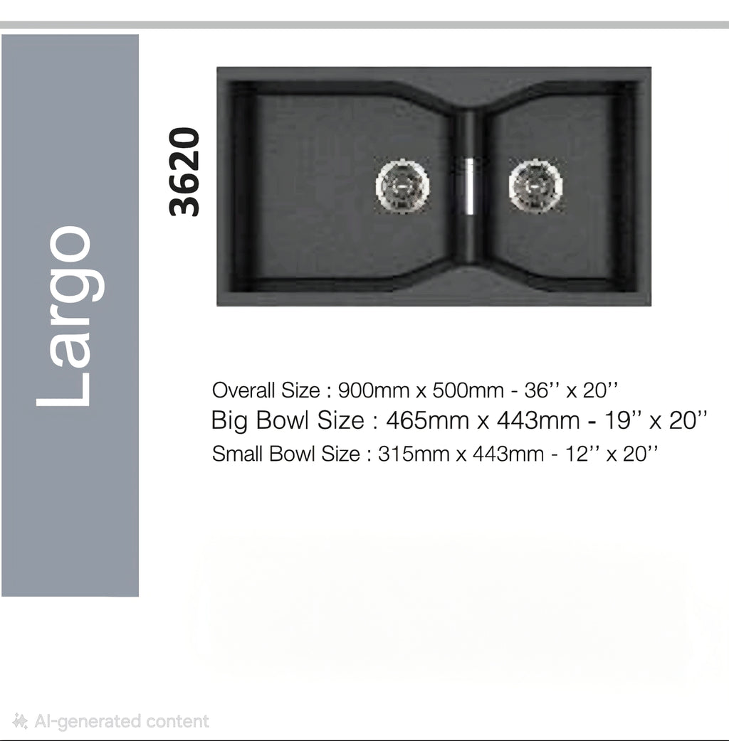 Carysil Granite Quartz Kitchen Sink - Double Bowl Largo | 36"x20" | Black (Nera)