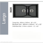 Carysil Granite Quartz Kitchen Sink - Double Bowl Largo | 36"x20" | Black (Nera)