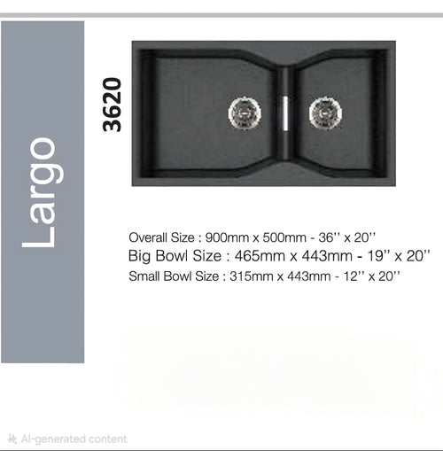 Carysil Granite Quartz Kitchen Sink - Double Bowl Largo | 36"x20" | Black (Nera)