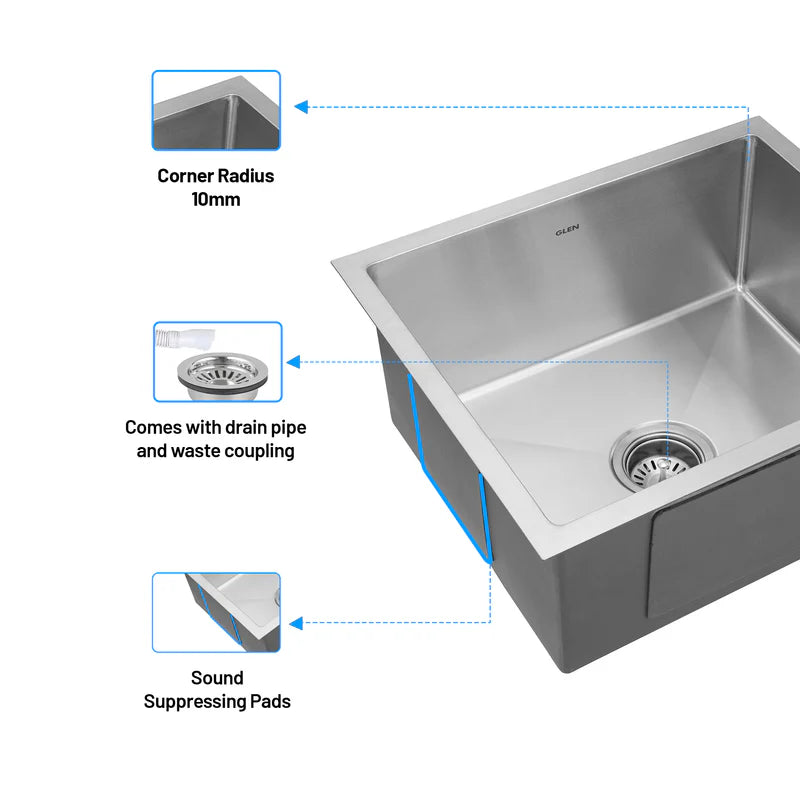 Glen Stainless Steel Grade 304 Sink for Kitchen, Single Bowl Handmade Sink 24x18x9 inches, Matte Finish (KS-SH24189SBM)