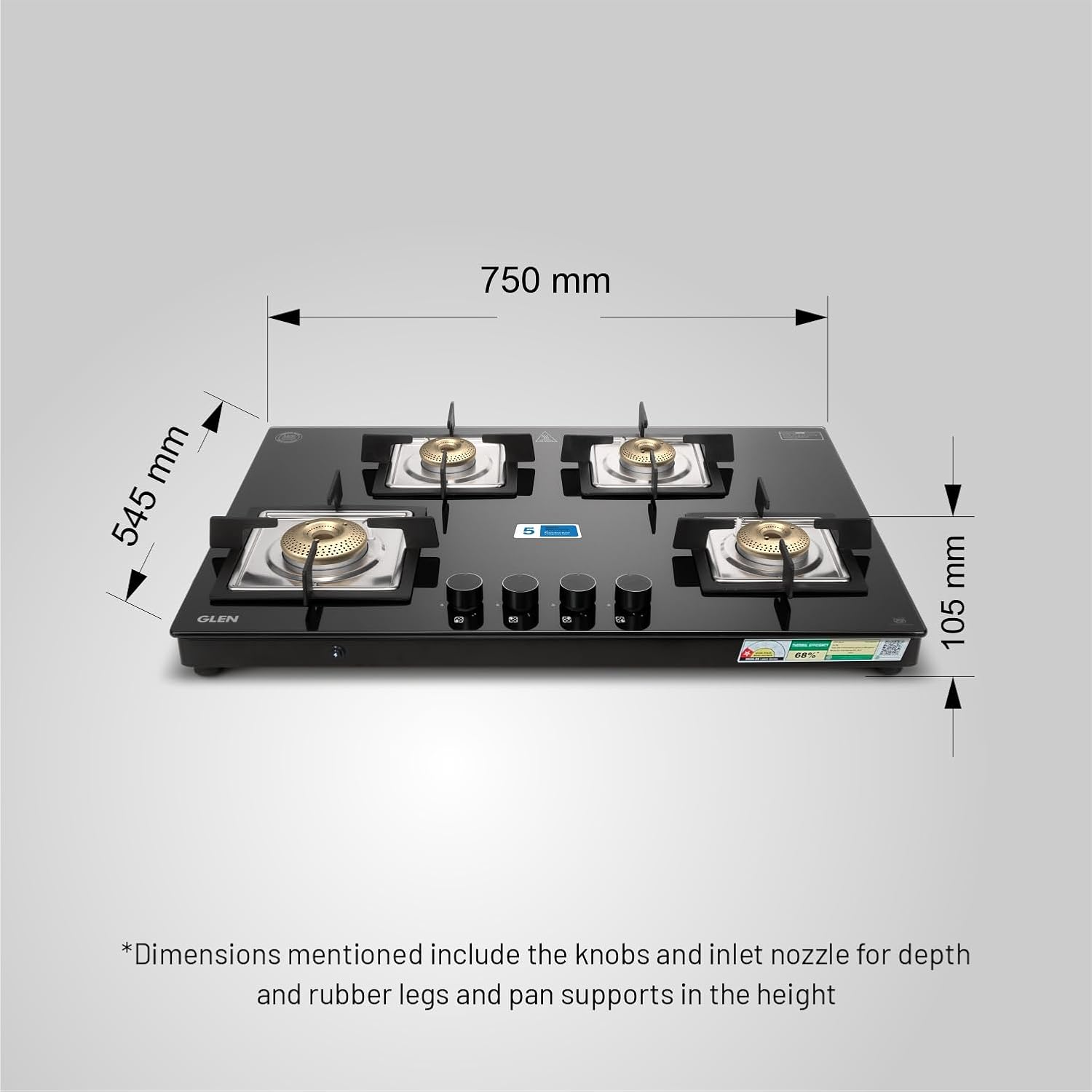 Glen 1074 US BL 4 Burner Cooktop Ultra Slim Glass Gas Stove with Auto Ignition (Black)