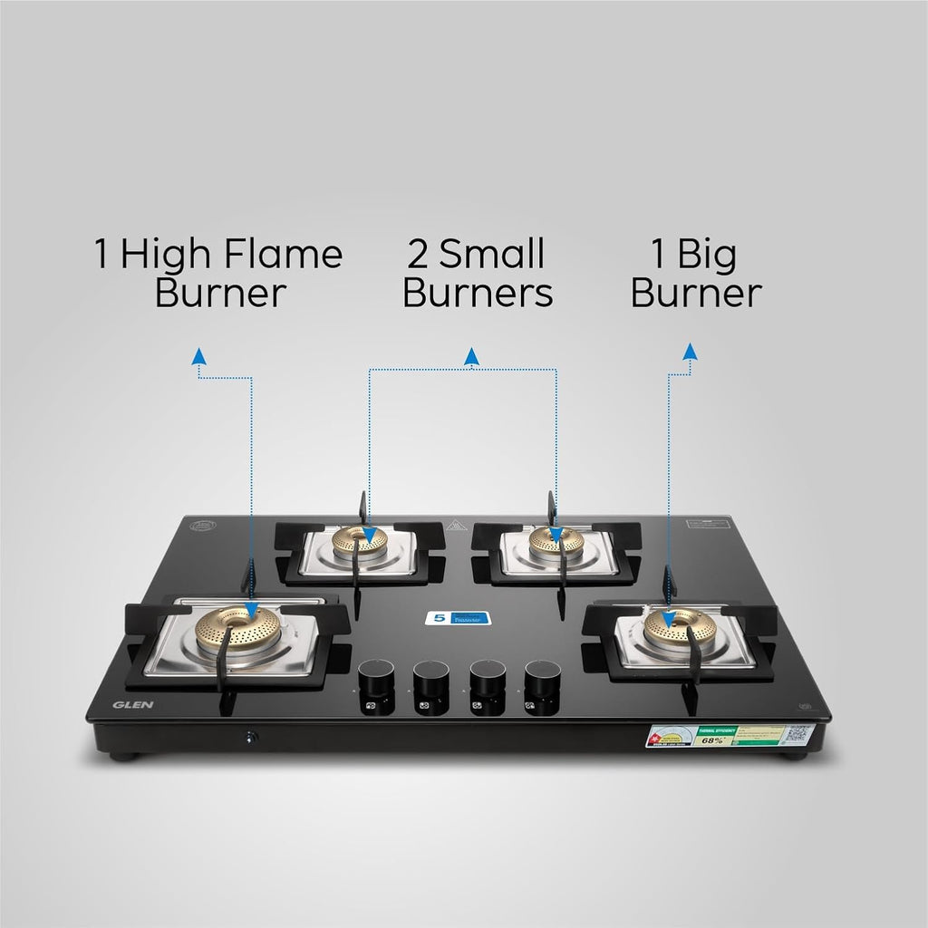 Glen 1074 US BL 4 Burner Cooktop Ultra Slim Glass Gas Stove with Auto Ignition (Black)