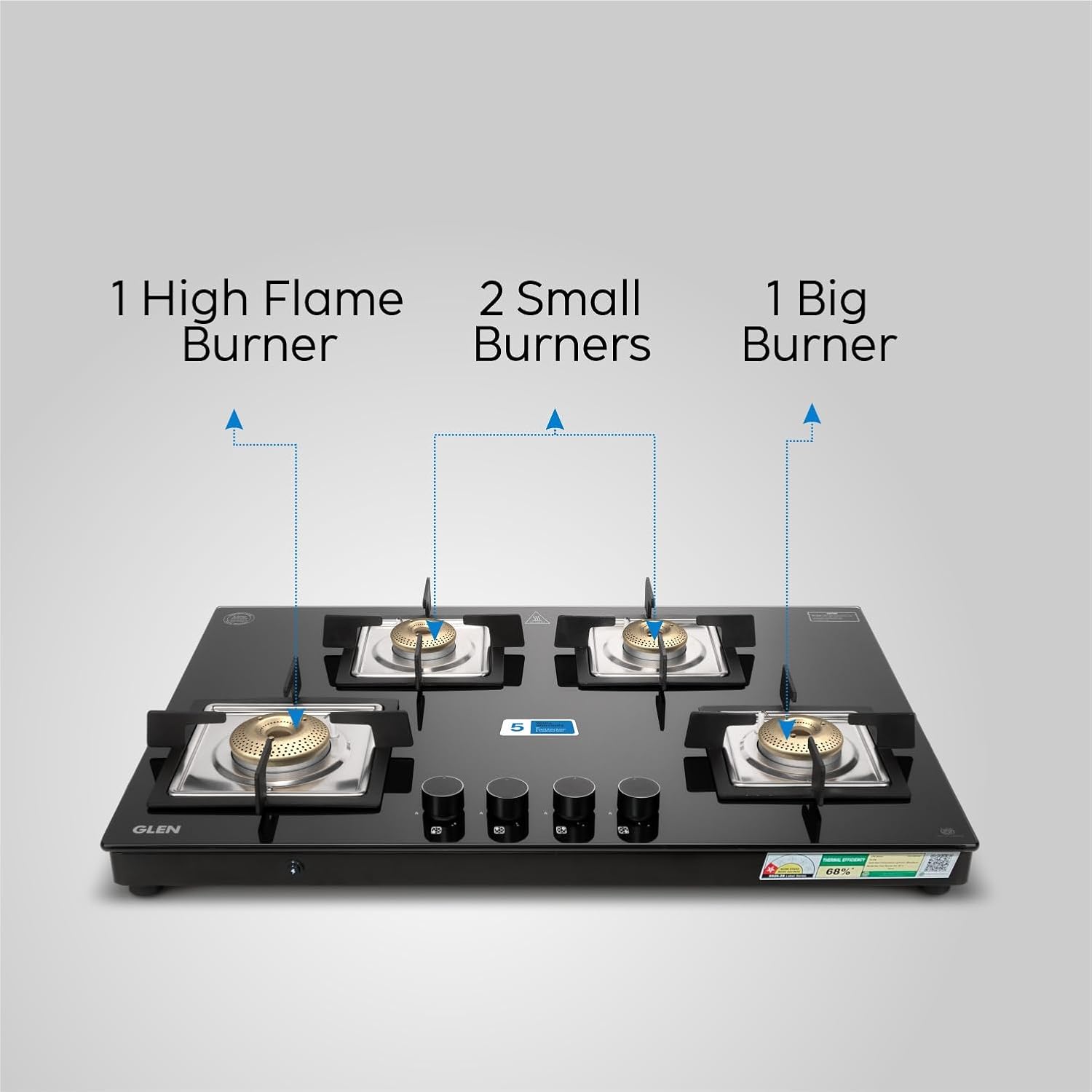 Glen 1074 US BL 4 Burner Cooktop Ultra Slim Glass Gas Stove with Auto Ignition (Black)