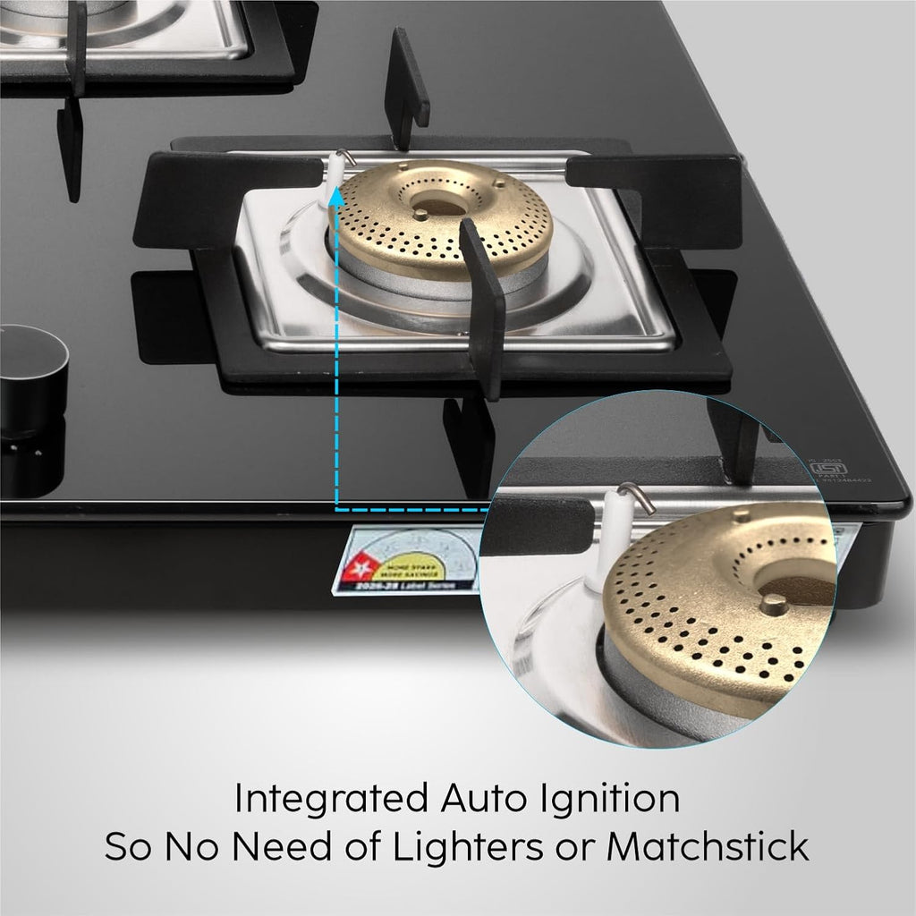 Glen 1074 US BL 4 Burner Cooktop Ultra Slim Glass Gas Stove with Auto Ignition (Black)