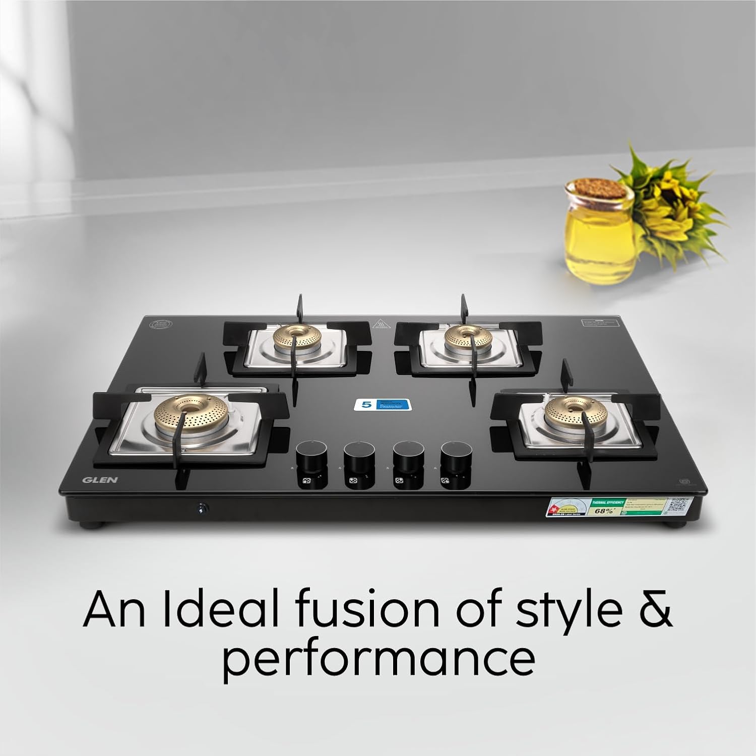 Glen 1074 US BL 4 Burner Cooktop Ultra Slim Glass Gas Stove with Auto Ignition (Black)
