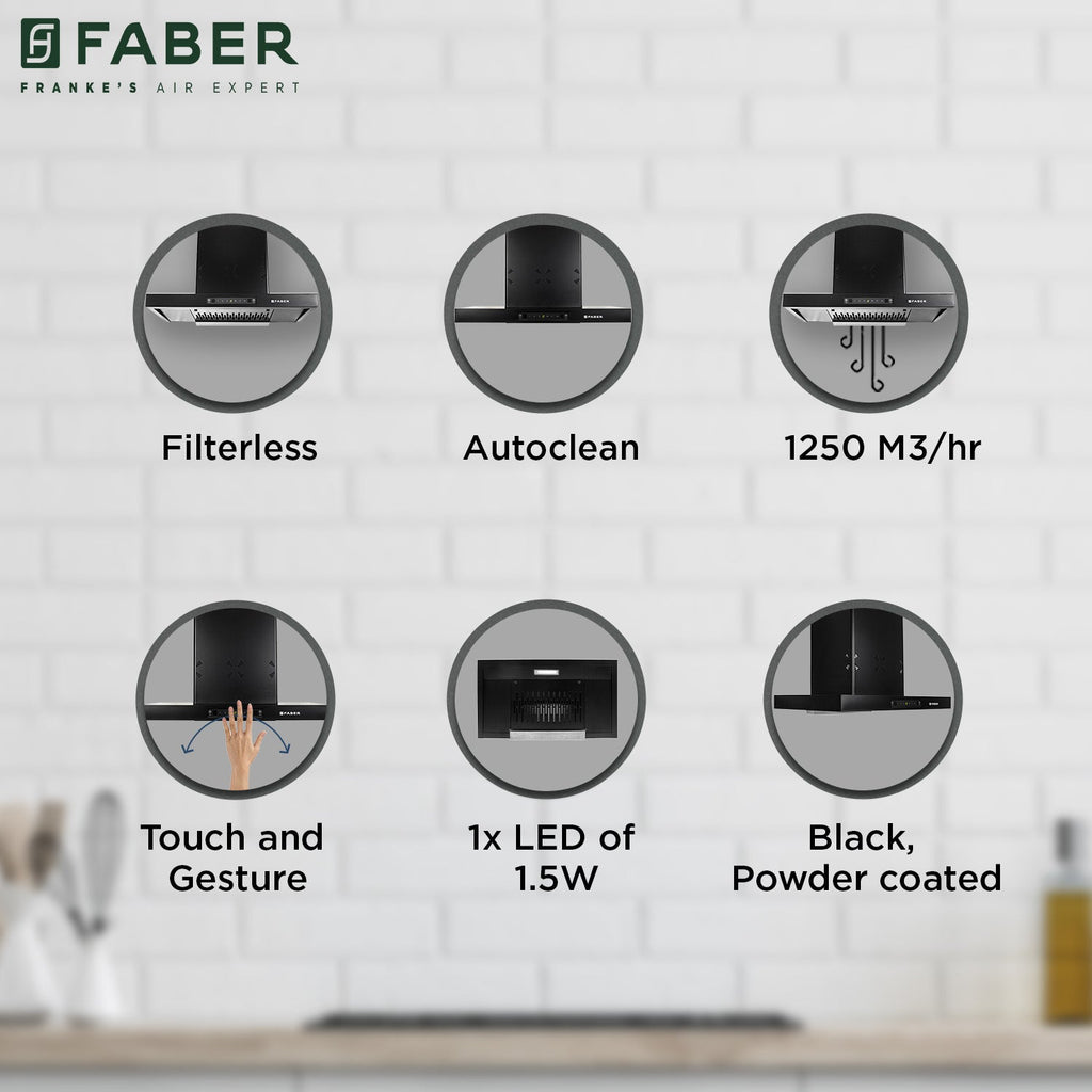 Faber HOOD BONITO 3D 75 cm IN HC SC FL BK | 1200m³/hr Suction Power | Auto Clean Filterless Chimney