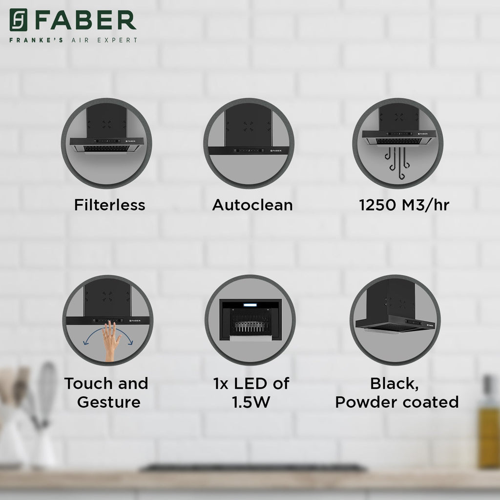 Faber HOOD BONITO 3D 60cm IND HC SC FL BK 60 |1250 m³/hr Suction Power | Auto Clean Filterless Chimney