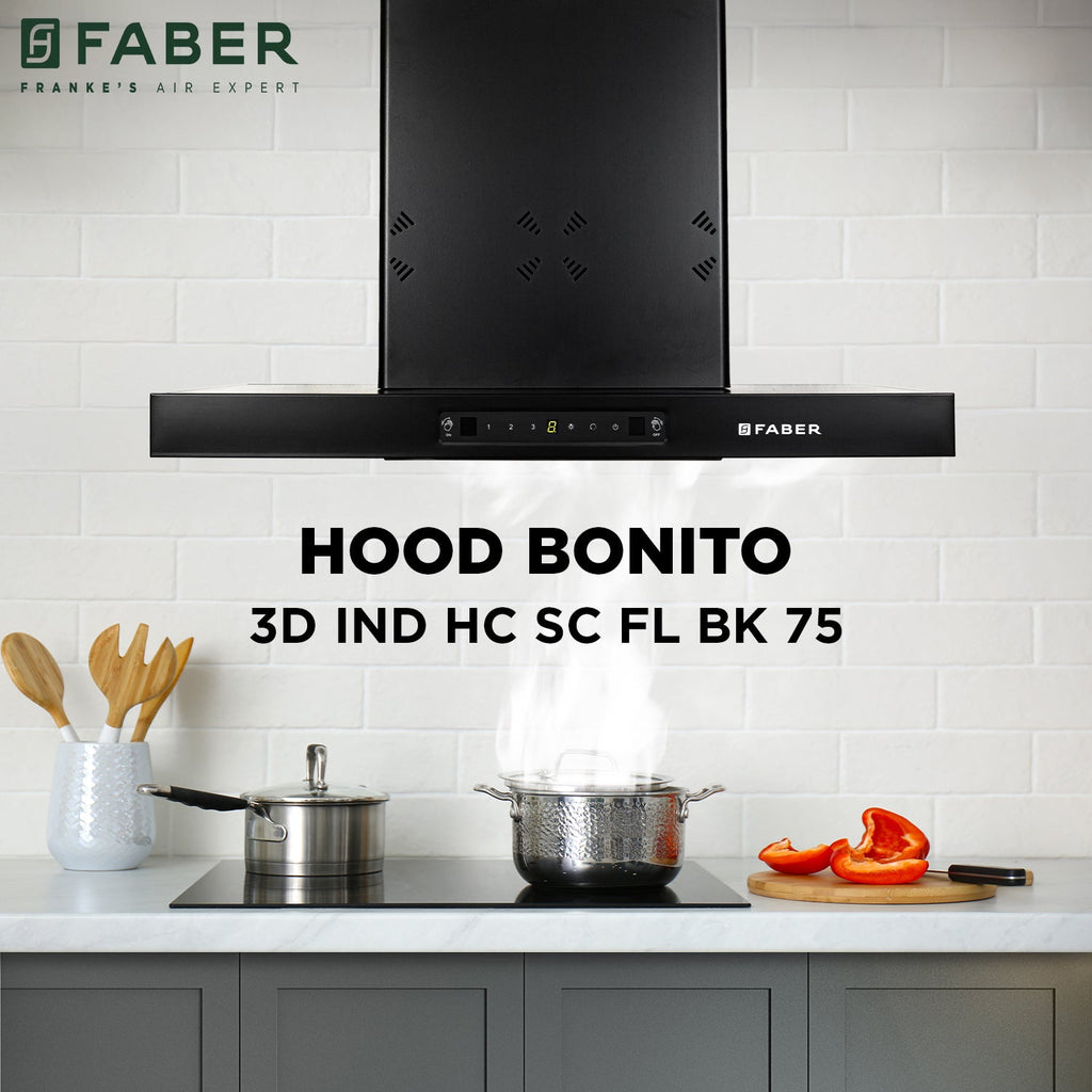 Faber HOOD BONITO 3D 75 cm IN HC SC FL BK | 1200m³/hr Suction Power | Auto Clean Filterless Chimney