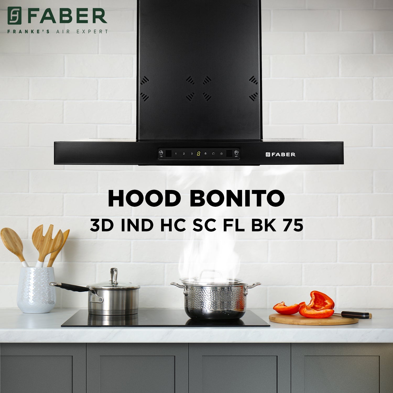 Faber HOOD BONITO 3D 75 cm IN HC SC FL BK | 1200m³/hr Suction Power | Auto Clean Filterless Chimney | Kitchen Jinni Delhi NCR