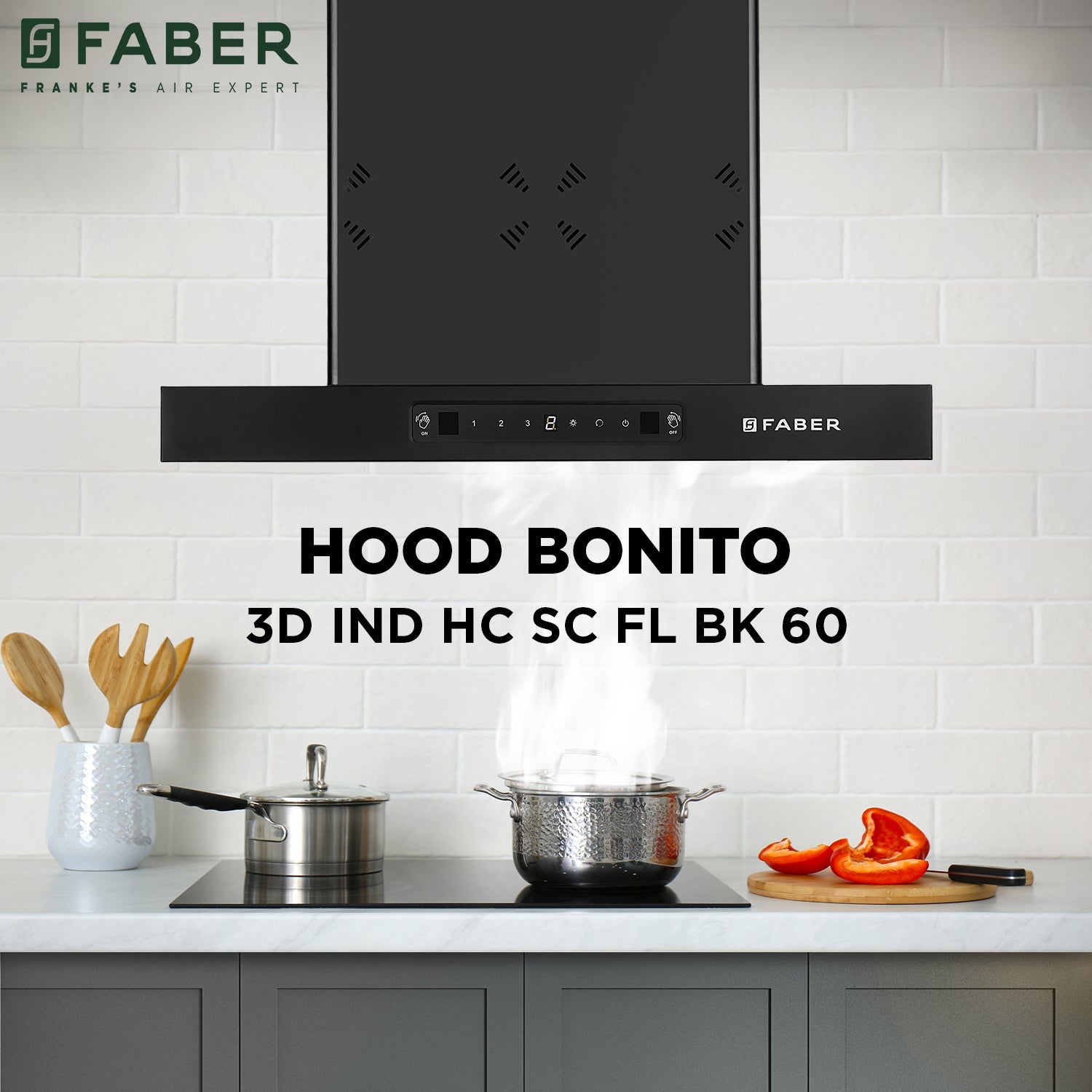 Faber HOOD BONITO 3D 60cm IND HC SC FL BK 60 |1250 m³/hr Suction Power | Auto Clean Filterless Chimney | Kitchen Jinni Delhi NCR